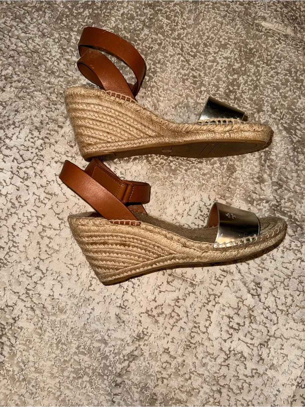 Tory Burch Silver Toe & Brown Ankle Espadrille Wedge Sandals